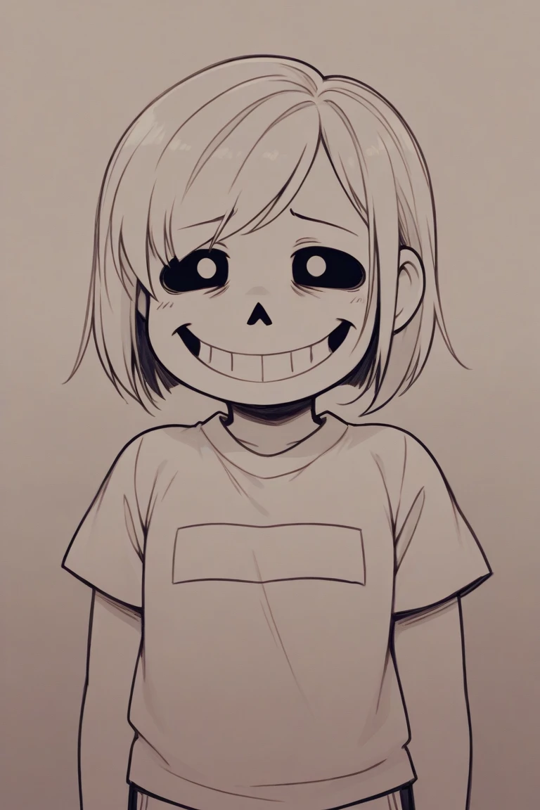 score_5_up,
solo, 1girl, short hair, looking at viewer, smile, sharp teeth, ribbon, bangs, upper body, shirt, simple background, hair ribbon, bags under eyes, black eyes, grey background, blunt bangs, bob cut, blurry, medium hair