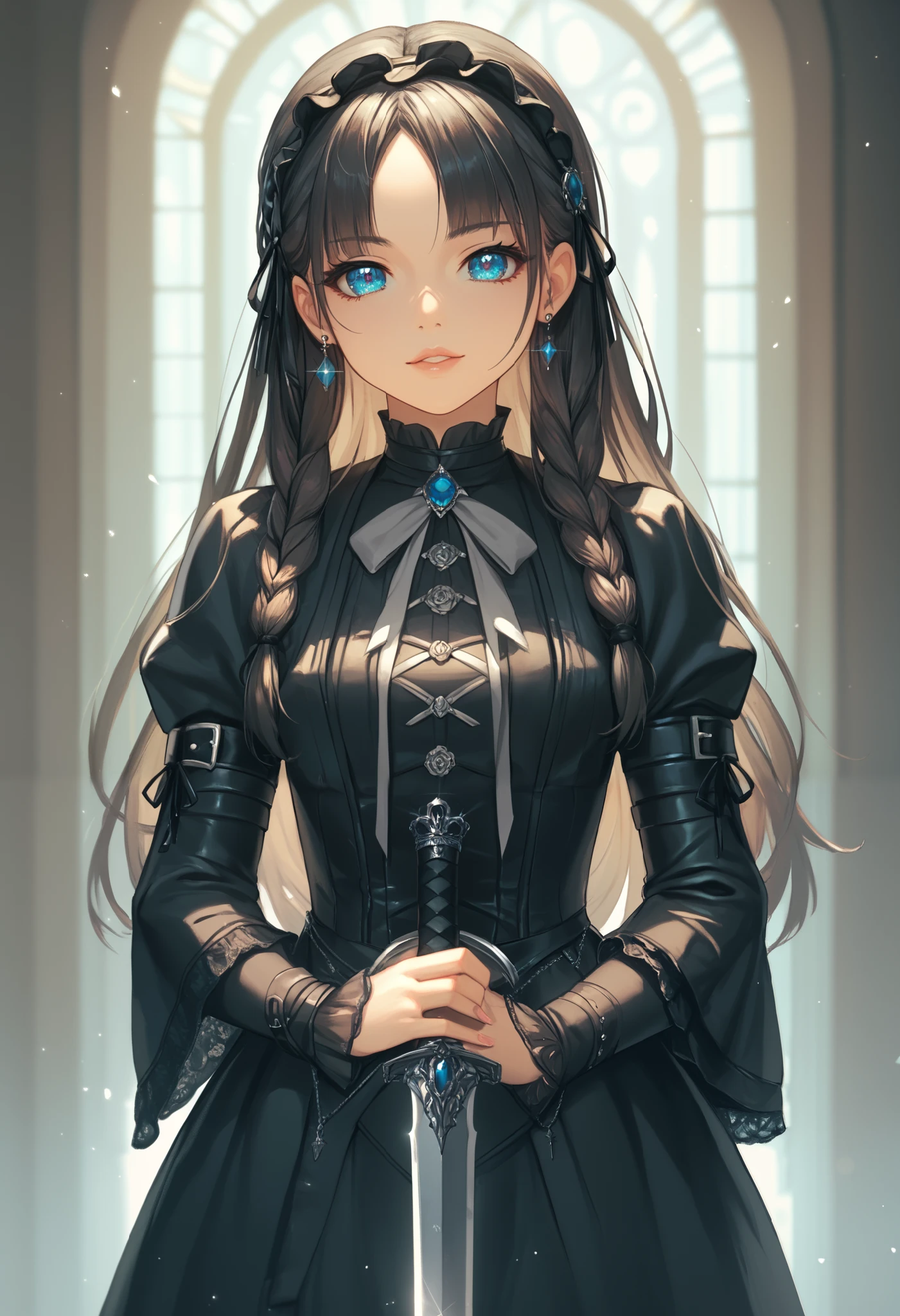 masterpiece, best quality, finely detail, Very detailed, hight resolution, Beautiful detailed eyes, Natural Lip, girl, an exquisitely detailed and beautiful face and eyes and skin, raw photo, young face, cute, slender body, long hair, braided bangs, japanese sword, castle, black gothic lolita