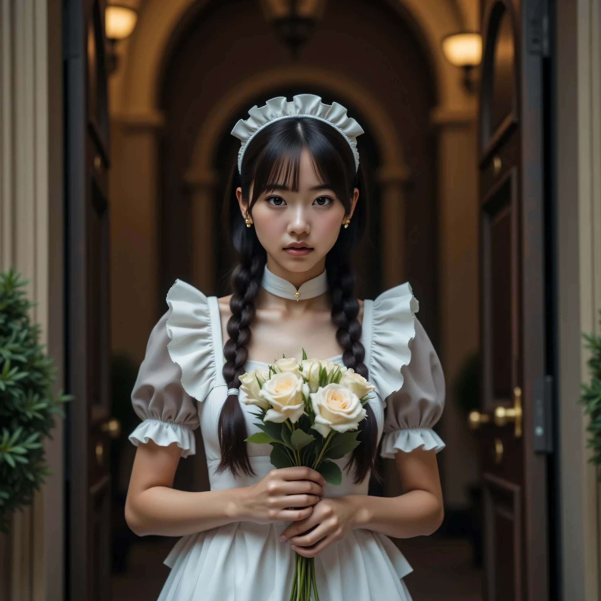 ((anatomically correct:1.9)), Red Dinner: One young and very beautiful maid in a cardboard box、slender、maid clothes_ ruffle apron、choker、eyes full body、and frown、opens her mouth、braids、The entrance to a large mansion、 holding a bouquet of flowers、cinematic maid holding an oyster、shot from below、masterpiece、photorealistic、giant breasts, rena, detailed hands,