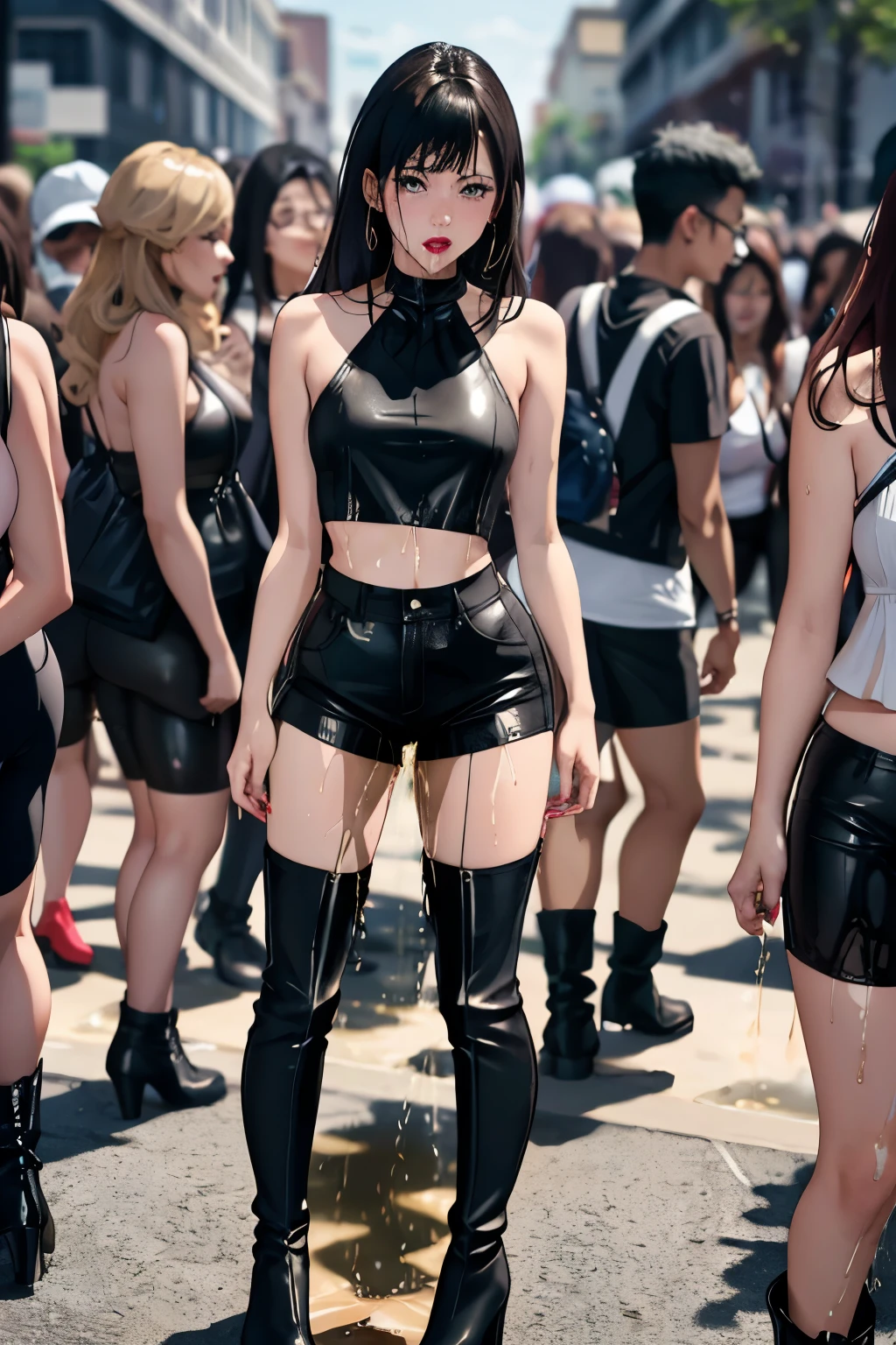 highres, beautiful women, high detail, good lighting, lewd, hentai, (((bike shorts))), (leather halter top), (bare midriff), (((wearing stockings))), (((leather thigh high heel boots))), (wet shorts), (((wetting herself))), (peeing herself), peeing stain, (puddle), (thick thighs), nice long legs, lipstick, pretty face, sexually excited, aroused, (full body shot), ((in public with crowd of  women watching))