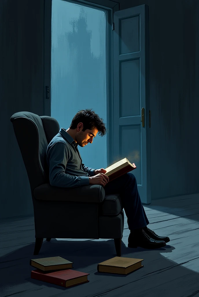 pintura_oleo+roberto_ferri+modern_deco front view a young man slender_athletic_realisim_body, italian man reading a book in rococo+neoclassic style office large windos to see the stormy night in the jungle, river, thunders, jungle, drops on the glass of the closed window ambient lighting