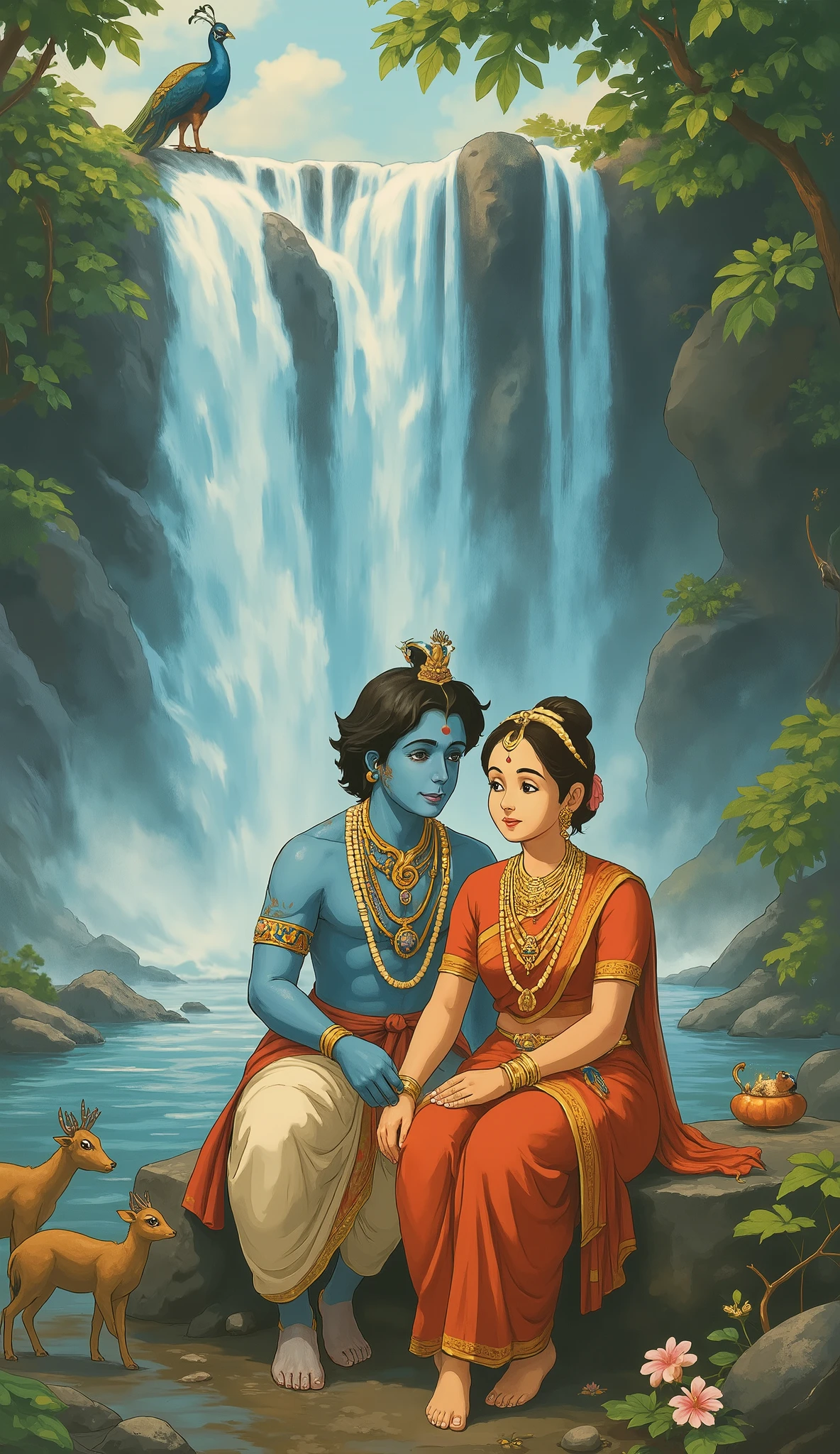 lord krishna blue skin and radha ma sitting near a water fall where peacock and dear near Water fall