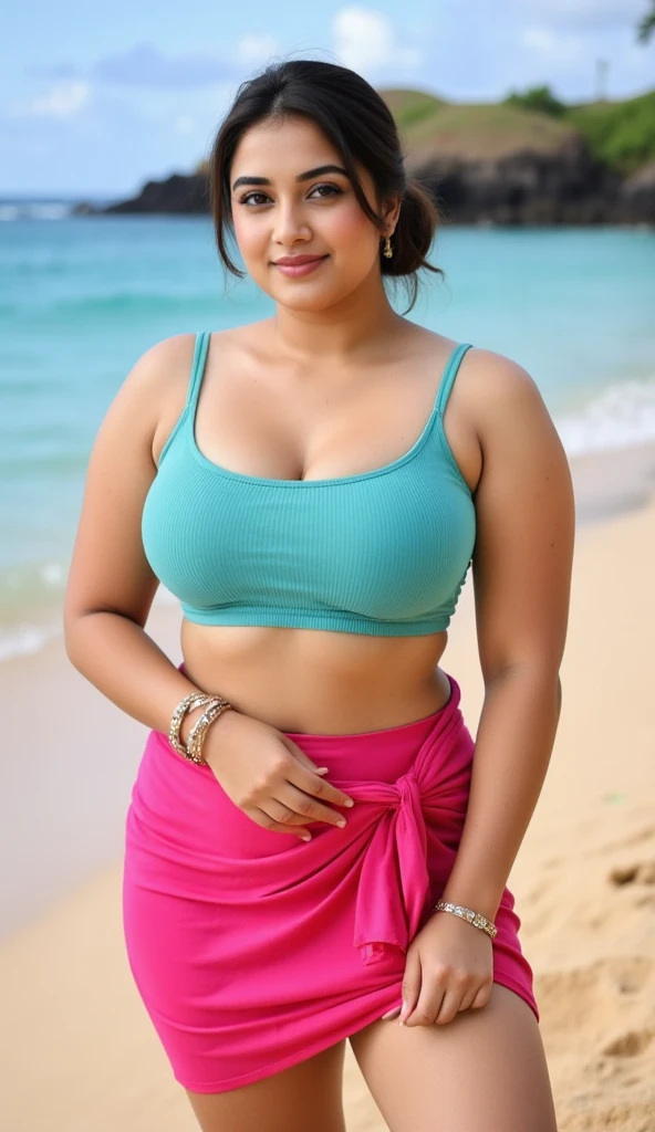 day scene from front view, photo of  Lakshmi Gopalaswamy, big cheeks, hourglass figure, swooping breasts, deep cleavage,  long wavy hair, necklace, sultry, seductive smile, look at viewer annoyingly, red, green, sky blue, (cinematic:1.3), intricate details, (ArtStation:1.2), (floral mini dress) , half body, big ass, big breasts, navel,( sexy hips), (sexy legs), different colors, different poses, different angle, lean forward, (whit color dress) , big ass, visible bra, wet