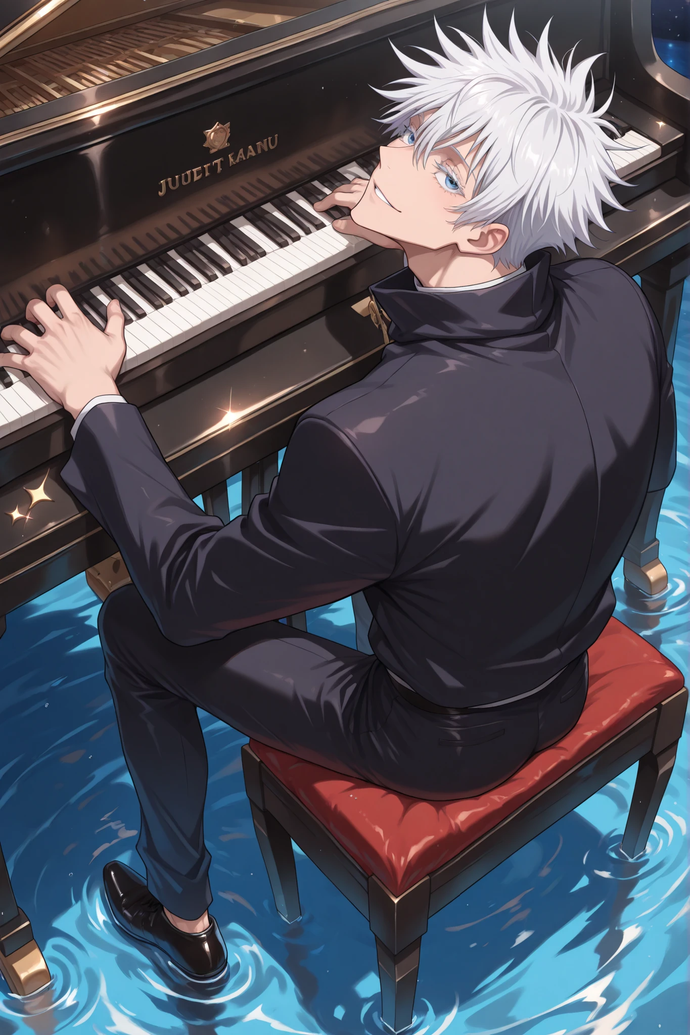 ((Best quality, 8k, Masterpiece: 1.3)), 1man, solo, male focus, gojo satoru /(jujustu kaisen/), detailed eyes, blue eyes, white hair, short hair, detailed eyelashes, white eyelashes, sexy man, handsome, smile, jujutsu kaisen uniform, black jacket, black pants, black shoes, masterpiece, best quality, absurdres, highres, newest, grand piano, sitting, playing piano, closed eyes, parted lips, looking to the side, looking up, partially submerged, blue sky, night, room