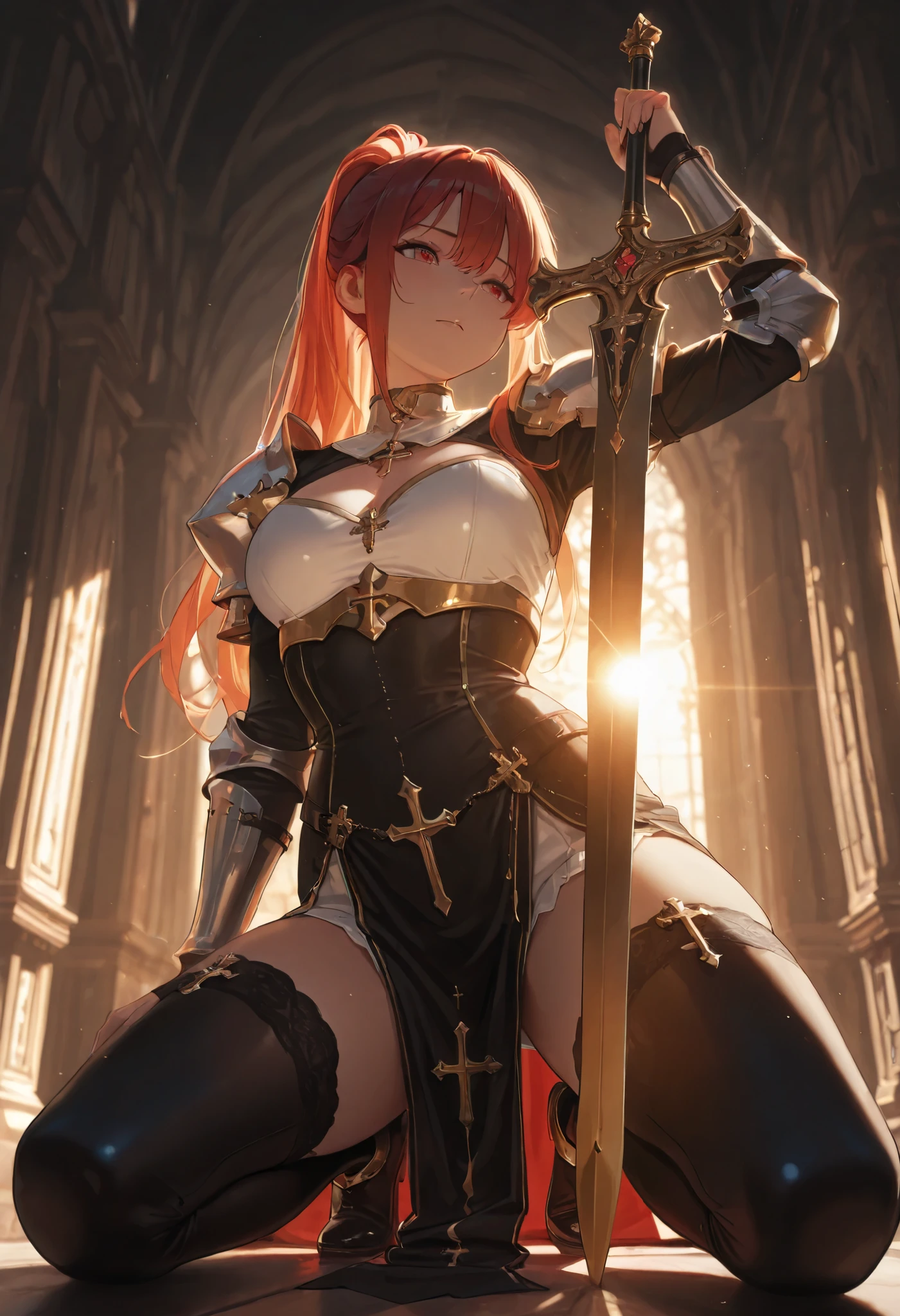Delicate woman with fiery red wavy hair、tough black and gold armor、Rin々Facial expressions、Large shield、Great sword(Dragon Killer)、dragon horn on head、Luxury bed、drenching、lightning bolt、no panties,pussy juice,vagina,(dildo in the vagina),(Masturbate)、Wet