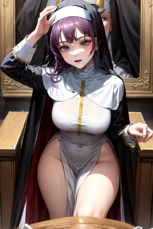 (Best quality at best,Unbeatable masterpiece:1.4),Ultra-detailed CG 4K,Purple colored hair,nun headdress, Loose bikini,high-heels,humongous large breast,rendering,humongous large breast,squatting on the ground