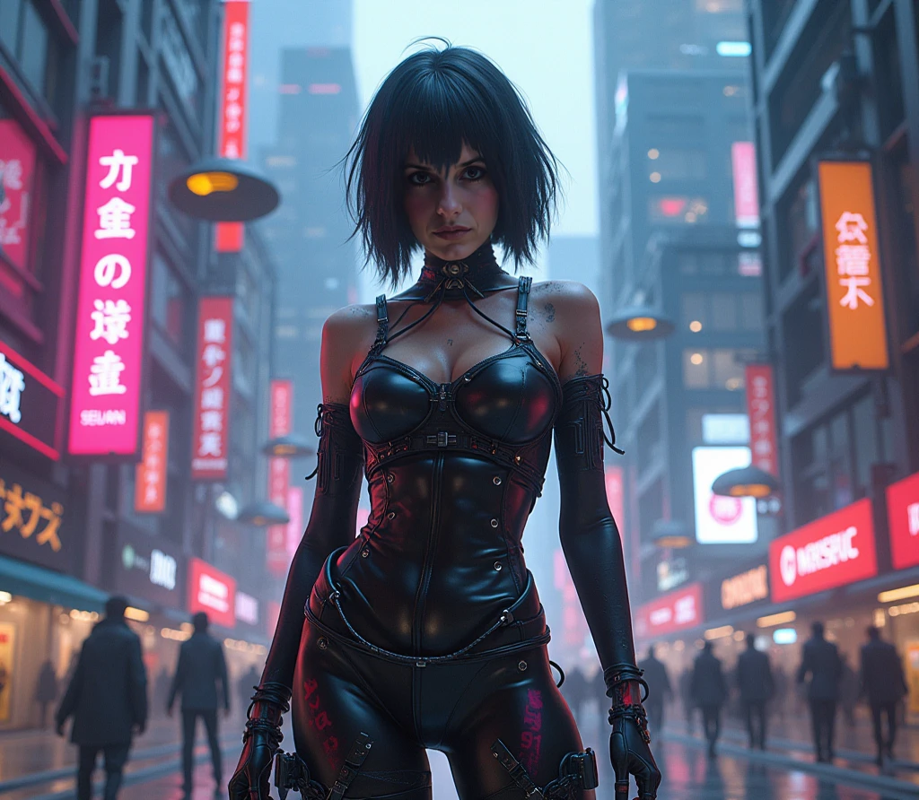 SKINNY GIRL IN A BIG NEON CITY WITH LOTS OF SMOKE AROUND IT