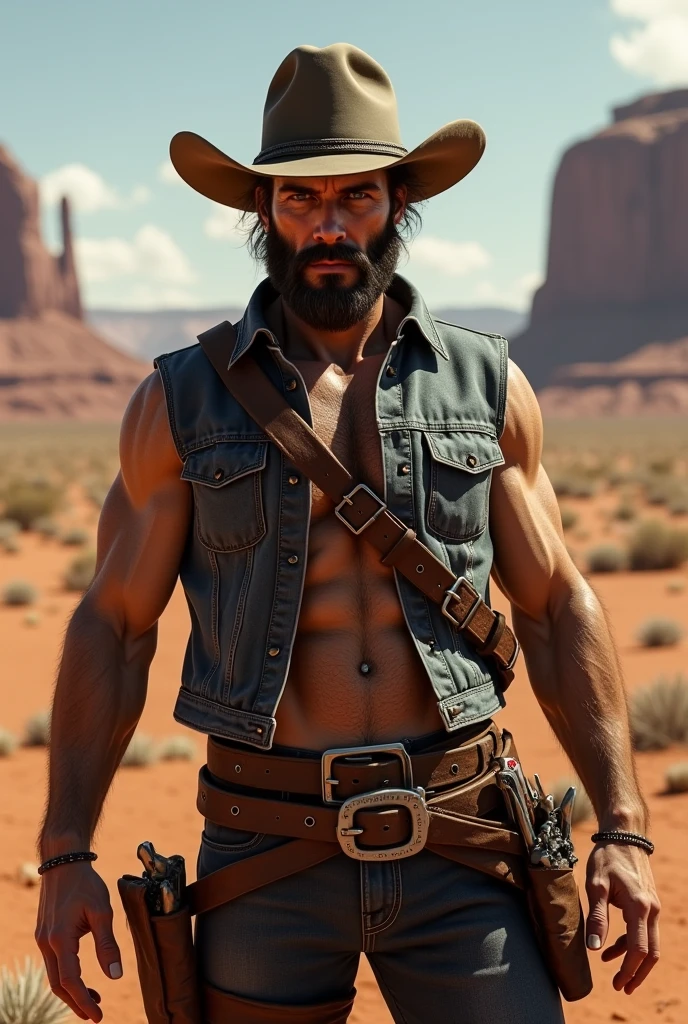 Shirtless cowboy with hat, head down and ripped abs