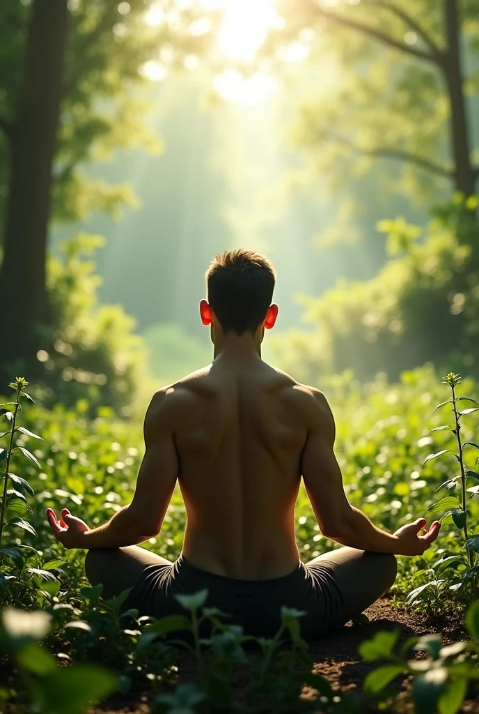 a large muscular 55 year old man meditating under a tree in a dark forest, front side wide angle shot, extremely detailed, hyper realistic, cinematic lighting, dramatic shadows, cinematic composition, moody atmosphere