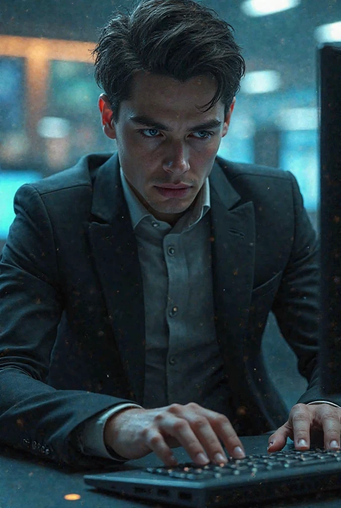 a handsome boy in a black suit, sitting in a matrix-like digital environment, with a profile page mockup in the background displaying the name "Dx-Ahmed" and a profile picture, soft lighting and reflections