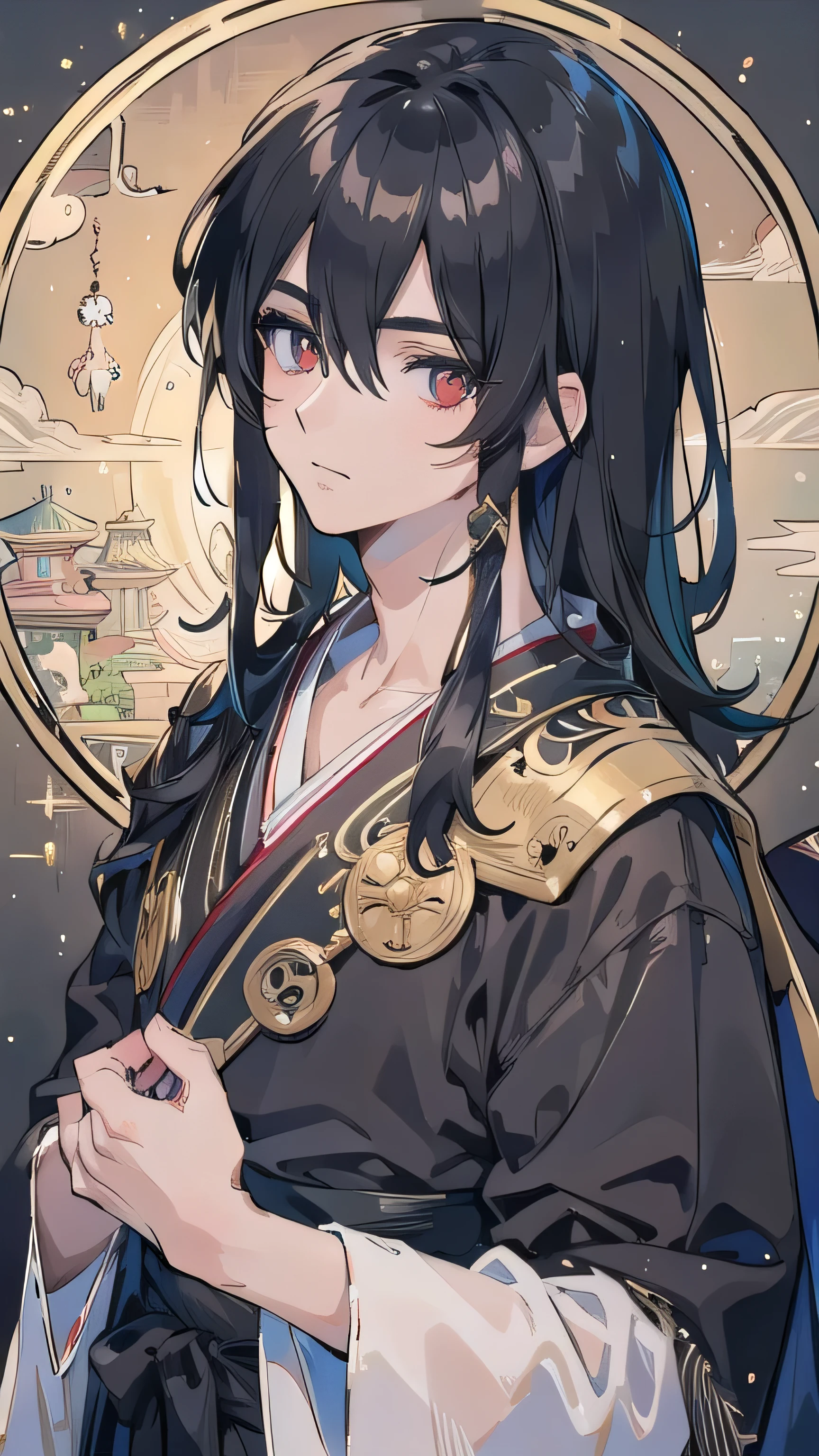 Intense Details,  HIGHLY Details, photorealistic, best quality, high definition,  reverse exchange, HIGH DETAILS, best quality, 16k, [ ultra More], masterpiece, best quality, (Extremely Detailed)((top quality)),((masterpiece)),Zenitendo Style,10th Generation,((( male,Handsome Guy))),2025 Anime Style,Delicate line drawing,fantastic atmosphere,High Quality,10th Generation,Handsome Guy,black hair, scarlet eyes,Alluring,mysterious,Japanese Art Style,classical,antique,Delicate line drawing,long eyelashes,Shading Enhancement,Sleek hair, gothic elements ,Dark Fantasy,Solemn,aura,Narrative,sparkling eyes,luster,Japanese-style decoration in the background,Warm Lighting