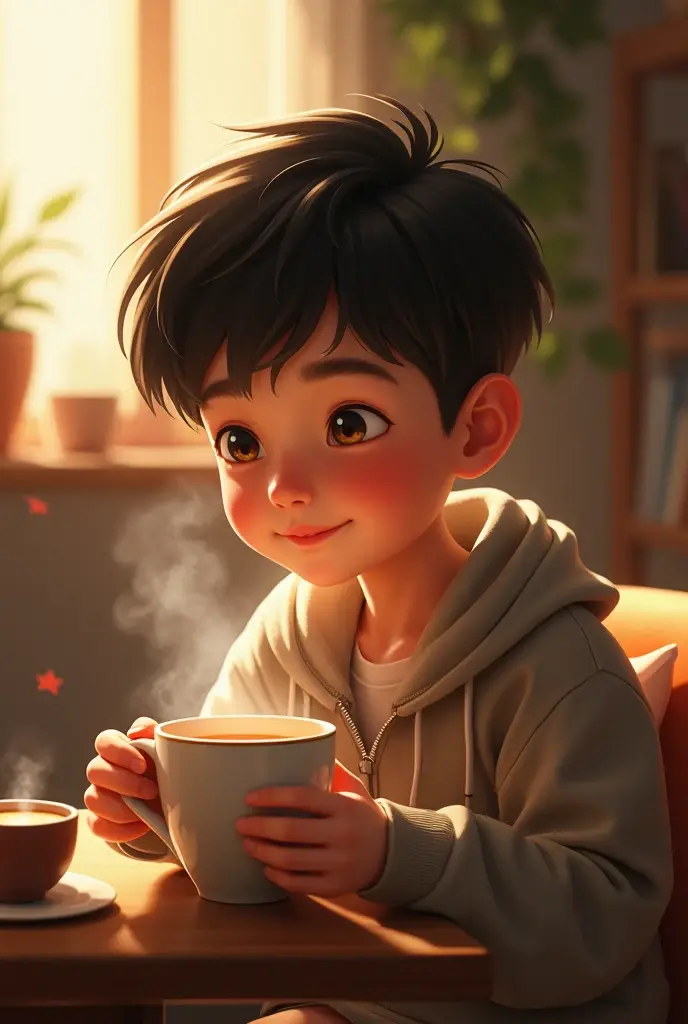 A cute boy kissing a cup of coffee!