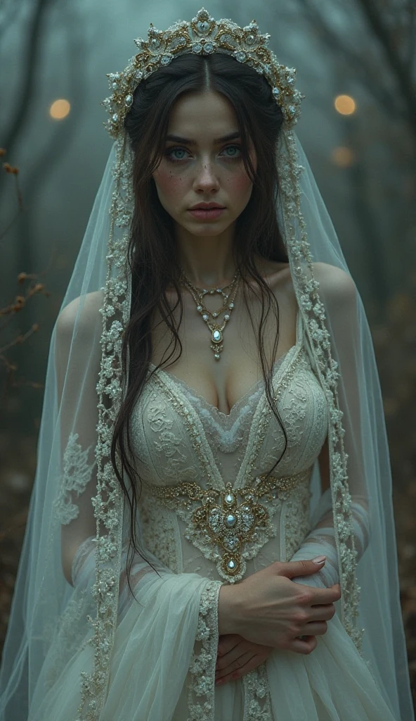 Jessica Simpson, wearingelegant veil bride sexy clothes, stand in the forest, character portrait, 4 9 9 0 s, long hair, intricate, elegant, highly detailed, digital painting, artstation, concept art, smooth, sharp focus, illustration, art by wlop, charlie bowater and alexandra fomina