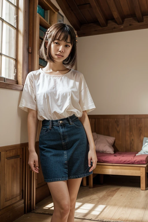 Large shirt and a denim skirt standing on short dark blue hair crying and with her hand in her hair
