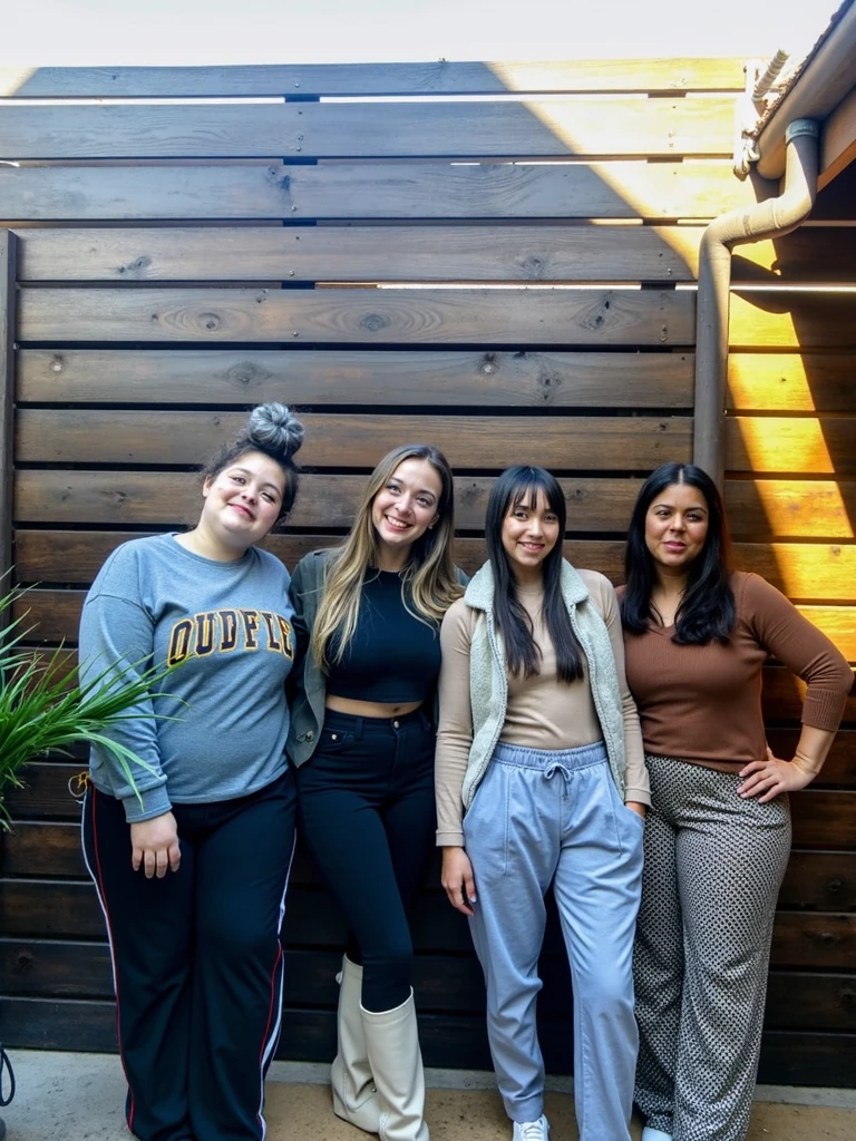Chubby fat bbw nerdy latina young woman (20 years old), chubby belly, long straight black hair, wearing black shirt and blue jeans, Golden necklace,sitting in sofá, with several tall men, 4 men, in Starbucks, smiley expression
