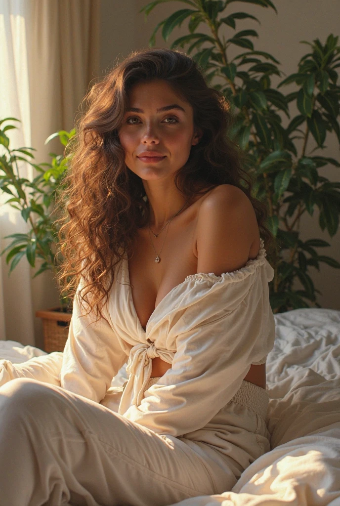 (photorealism:1.2), beautiful woman, sitting on bed, wearing loose off-shoulder top, pajama pants, long curly hair, indoors, soft lighting, plants in background, window with sunlight, cozy room, relaxed pose, realistic, intricate details, warm colors, by Greg Rutkowski, by Alphonse Mucha