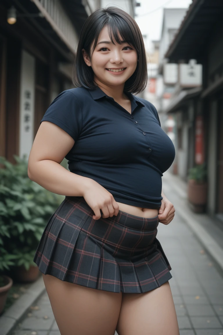 <lora:LowRA:0.5> full body portrait, photorealistic, dark theme, black background, tan skin, asian, woman, youthful adult, college age, 22 year old, standing, arms behind back, plump, chubby, muscular, school uniform, white shirt, plaid skirt, huge breasts, large breasts, wide waist, wide hips, strip hair, very long black hair, brown eyes, natural eyebrows, Japanese, (smile, grin, loving expression, looking at viewer, confident), tongue piercing