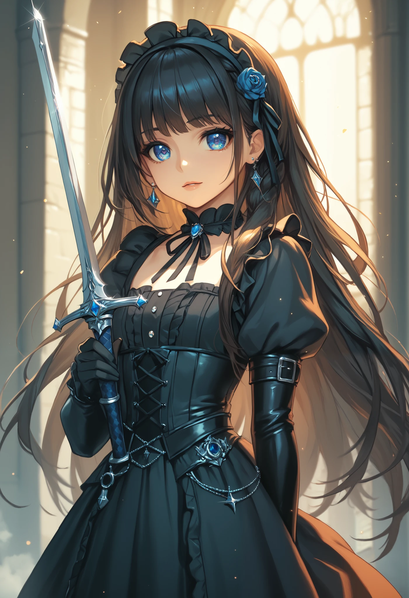 masterpiece, best quality, finely detail, Very detailed, hight resolution, Beautiful detailed eyes, Natural Lip, girl, an exquisitely detailed and beautiful face and eyes and skin, raw photo, young face, cute, slender body, long hair, braided bangs, japanese sword, castle, black gothic lolita