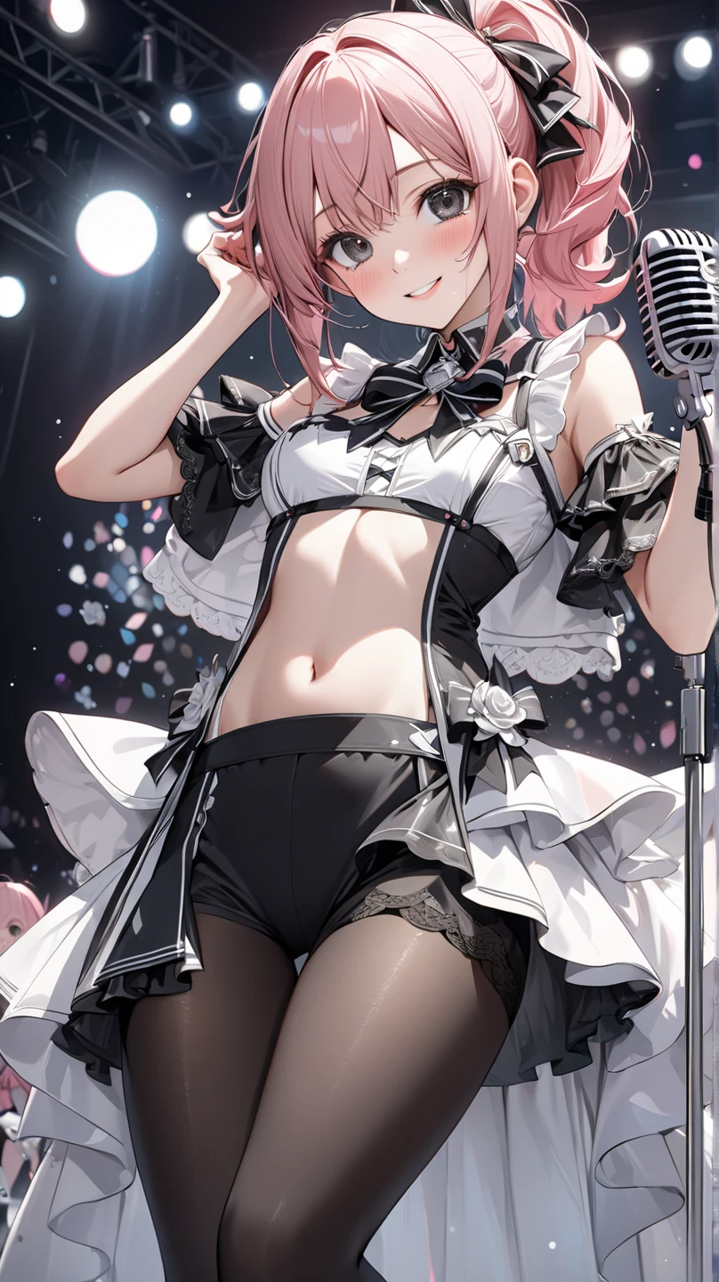 Anime illustration style,a beauty girl,demonic horns,Devil's wings on the back,（full bodyesbian）,（（Draw to the tips of your feet））、Standing,（（hi-school girl））,校服,pleatedskirt,preppy style,（（Short Bob））（,short-cut）,A little bit of sagging eyes,High skin exposure,Pink hair,（The color of the eyes is green）,Eye color is emerald green,The navel is visible,Navel Ejection,There is a hole where you can see the cleavage、（（（Idol costumes）））,（（（Singing a song）））,is singing,（（Have a hand microphone））,The background is a live stage,HIPPHOP