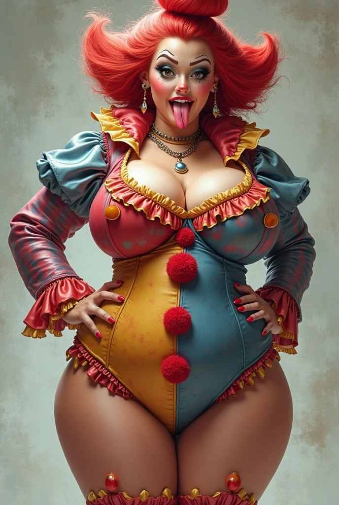 A full body photo shows a woman, harlequin hat, clown makeup, red clown nose, blue eyes, muscular body, clown,🤡,small shoulder, slim waist, wide hips, thick legs wearing a colorful top and red panties, back view, focus in her ass