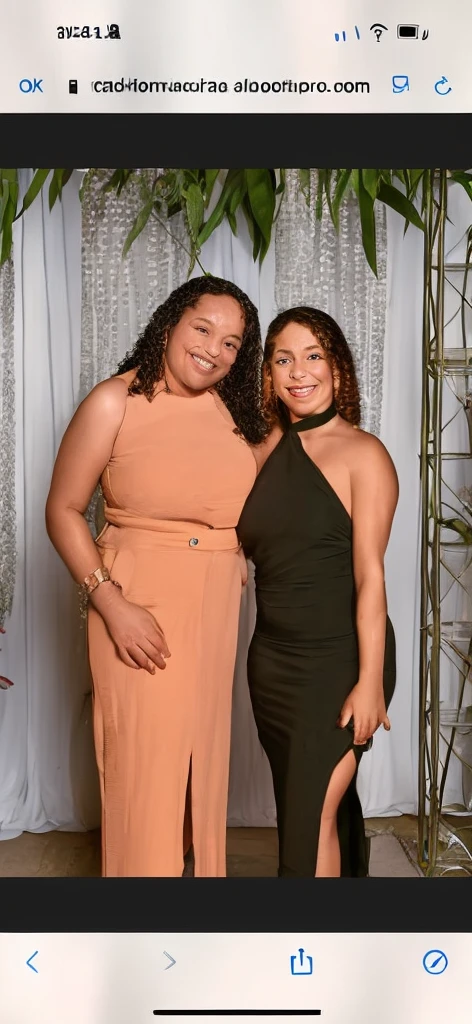 there are two women standing next to each other in a room, a da esquerda usa vestido preto transparente, a da direita vestido vermelho longo, alto e magro, 8k