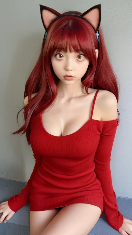 GeGeGe no Kitaro、cute、Cat girl、Cat ears、Japanese、small breasts in Mbini、red camisole、The lower body is a red jumper miniskirt、 Slim、bobbed head、big red ribbon on your head、solo, high definition, bungs, Deep purple hair,high definition, masterpiece, anatomically correct, top quality, high image quality model, Ultra Fine