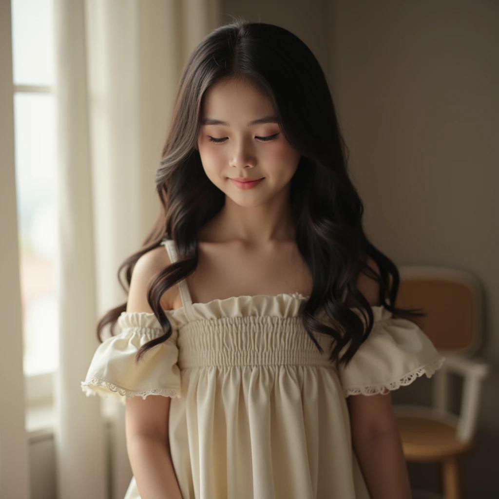 Melhor qualidade, , black hair, long hair, baby face, pequena, linda, sorrindo, em casa, corpo todo, nova, peito pequeno, mostrando o peito, Messy hair, foto, mostrando o corpo, luz real, realista, bem detalhado, good lighting environment, abajour, dress with bow, vestido curto