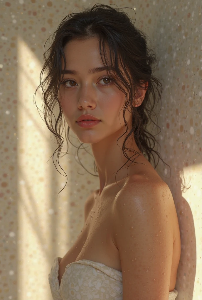 (from side), small breasts, sideboob, (flat chest), (drooling), (wet), (expressionless), (tears), looking_at_viewer, 10 years old fashion trendy beautiful beautiful beautiful girl, gentle and attractive Chinese beautiful girl, 35 years old, delicate and sexy collarbone, Attractive oval face, double eyelids, smart peach blossom eyes, pink lips, small nose, bare shoulders, focus on the face, chest close-up, ultra high definition, super detail, fresh and impressive