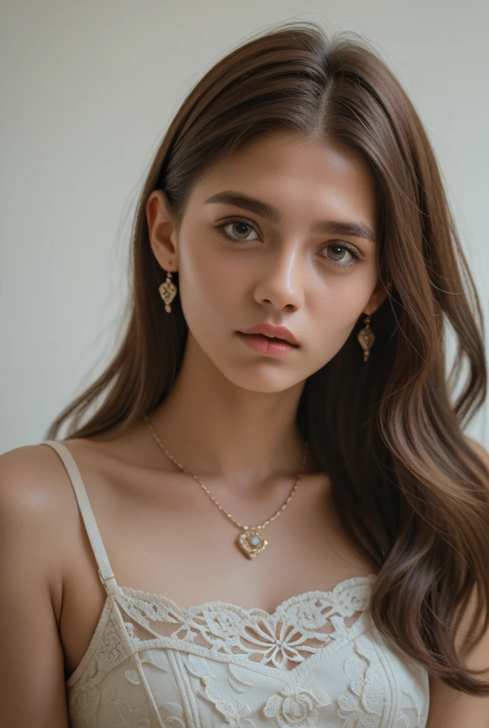 Chloe Hart chubby brunette very long wet hair dimples flower hairband earrings bangles choker