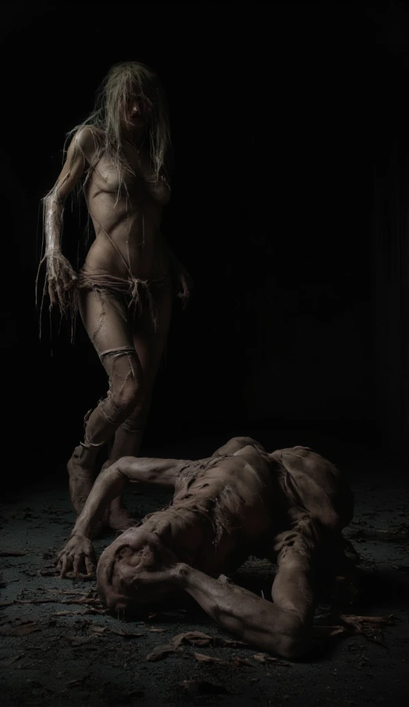 obra maestra inspirada en hellraiser, h. p. Lovecraft y Evil Dead 2013, Cuerpo completo realista ((hard body piercing)) Photograph of two young zombies served and skinny, sin ropa, with satanic signs on the naked body, La tabla Ouija pintada en el cuerpo , Two young zombies served with, Cuerpos perforados ((Two skinny young naked young servados zombies servados, cuerpo entero perforado)), decomposition, Decomposing dark black body fluid, Definition of 12k, cuerpo completo de dos hermosos ,hermoso,joven,delgado,desnudo,horripilante,asustadizo,ser,zombi,psycho,monstruo,........bat,joven,with translucent,pale,Fantasy rhinestones. piel de zombi servado oscuro acurrucado cerca con , Decomposing blue-black liquid body with perforation, pintura facial muy intrincada y aterradora, Fully perforated body paint with dark liquid, Detailed dark liquid from Fantasser coming out of the eyes, Preserved zombie bright and strange, emo flaco, azul claro y verde claro cabello oscuro y aterradora sonrisa azul servada, Dark and gloomy scene in a very creepy haunted house, ultra detallado ((Arte oscuro)), pantano del horror, Vista de cuerpo completo, de pies a cabeza, UHD
