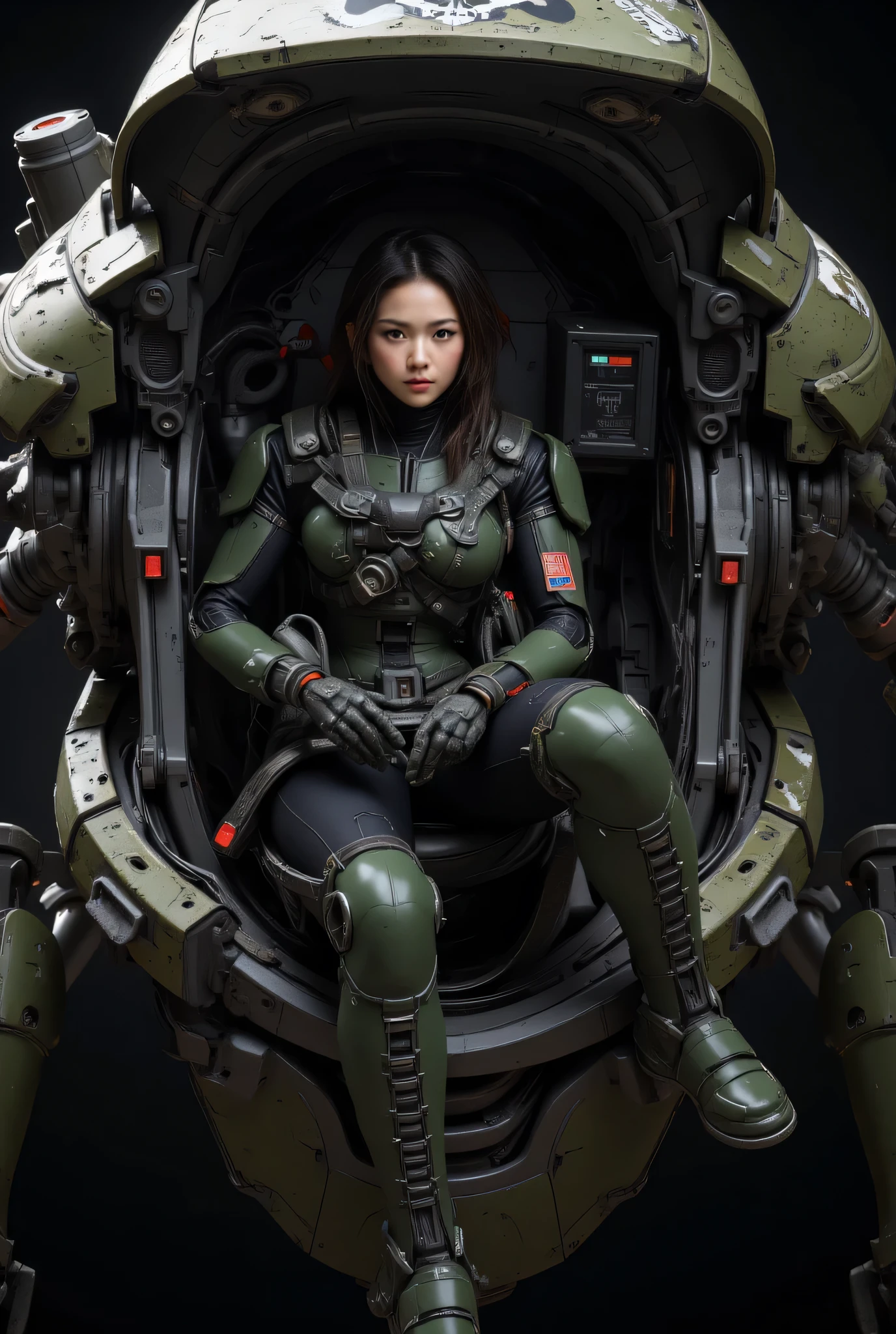 8k,Realistic Skin Texture、Superrealism、Realistic Photo、Near-future軍所属の日系女性パイロットが大型ロボットのコックピットに乗っている、Damaged moss green battle armor robot、Skull mark painted on armor、Near-future、Painting of the unit and identification number、Peeling paint、Oil stains、Detailed Description、Dynamic pose、Armored Core