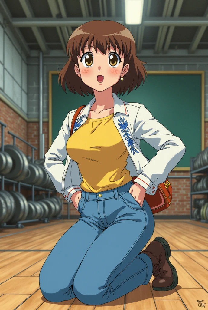 1 girl,(solo), ((amanogawaki)), (masterpiece:1.2), (high quality:1.0), (ultra detailed), (Front View), (Expressionless), Brat, Adolescent, (Yellow Headband), (Black Yoga pants), Crop Top, Mirror, Selfie