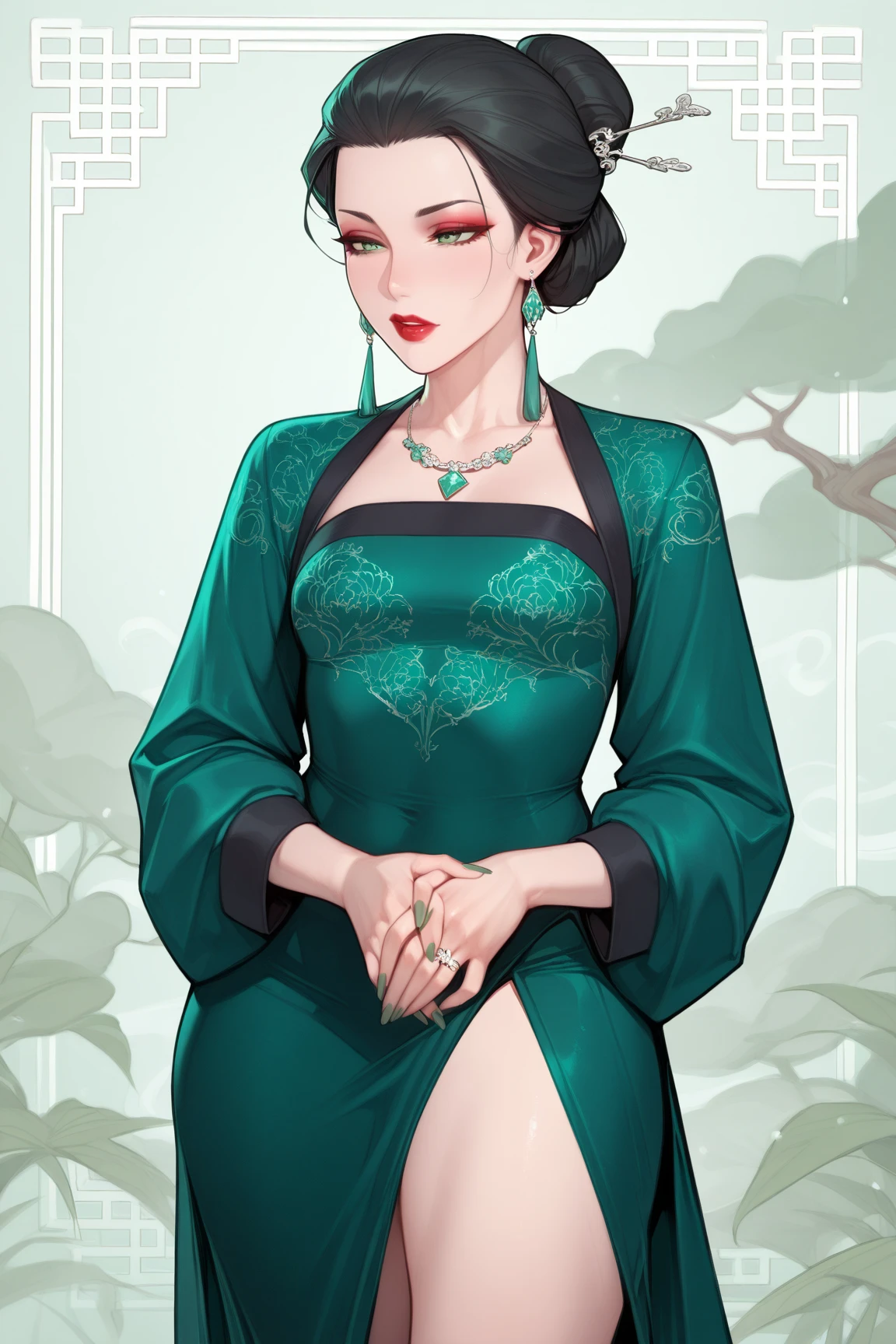 Human wife, black hair, light green silk clothes, elegant temperament, big breasts, semi-nude, visible, cleavage, high quality, detailed, HD