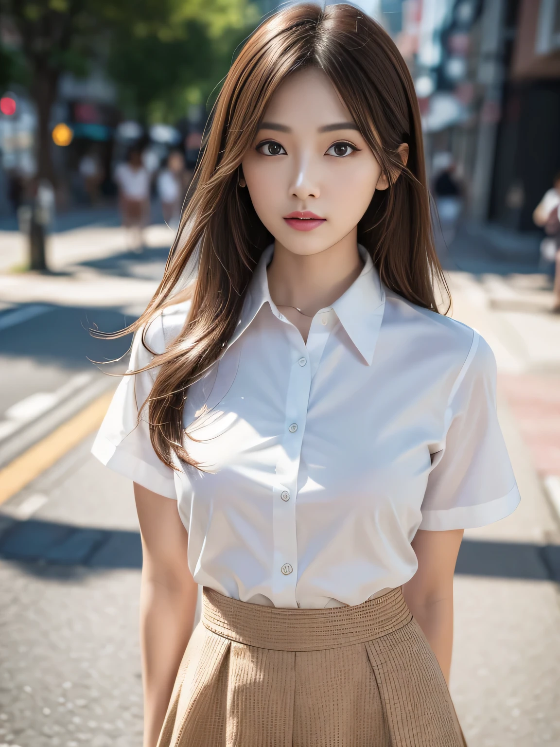 whole body, highest quality, practical, Super detailed, finely, High resolution, 8k wallpaper, One beautiful woman,, Light brown messy hair, Wear a white collared shirt,Short skirt, Clear focus, Perfect dynamic composition, Beautiful and delicate eyes, Thinning hair, Detailed practical skin texture, smile, Close-up view, model diagram