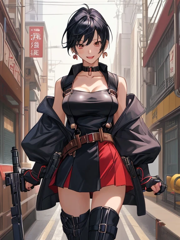 ((plano general, cuerpo completo, pose de accion:1.5)), A young woman with a rebellious style, punk-style clothing, an apocalyptic scenery, a mohawk hairstyle, highly detailed, high quality, masterpiece:1.2, HD, ultra-detailed, realistic:1.37, vibrant and vivid colors, sharp focus, studio lighting, physically-based rendering, extreme detail description, post-apocalyptic landscape, graffiti-covered walls, dilapidated buildings, debris-strewn streets, ruins of a city, dramatic clouds in the sky, intense and dynamic lighting, punk accessories, pierced nose and ears, tattoos on her arms, edgy and defiant expression.