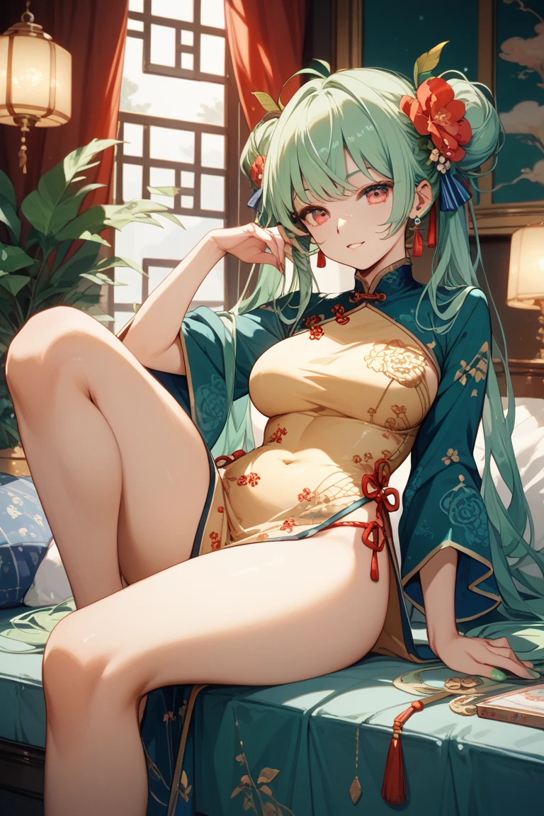 ((1girl)),solo,lying on bamboo mat bed in garden,paper fan,thin hanfu,foggy,(curtain),(bamboo forest:1.2),tiles roof,translucent silk chiffon hanfu,dudou,light green and white,off shoulders,chinese painting,gongbi style,water_color,(grapevineman:1.2),(trees, artificial mountain, green lotus  leaves,light pink lotus flowers),koi,wooden windows,doors,bed,stone,trandional architecture,temple,tower,wall,chinese garden,long hair,full body,flat breasts,covered nipples,bangs,(masterpiece, Extremely detailed, best quality, highres:1.2),(ultra_detailed, UHD:1.2),soft smile,<lora:huyefo2-000008:0.8>,<lora:Clothing -:0.4>,nsfw,