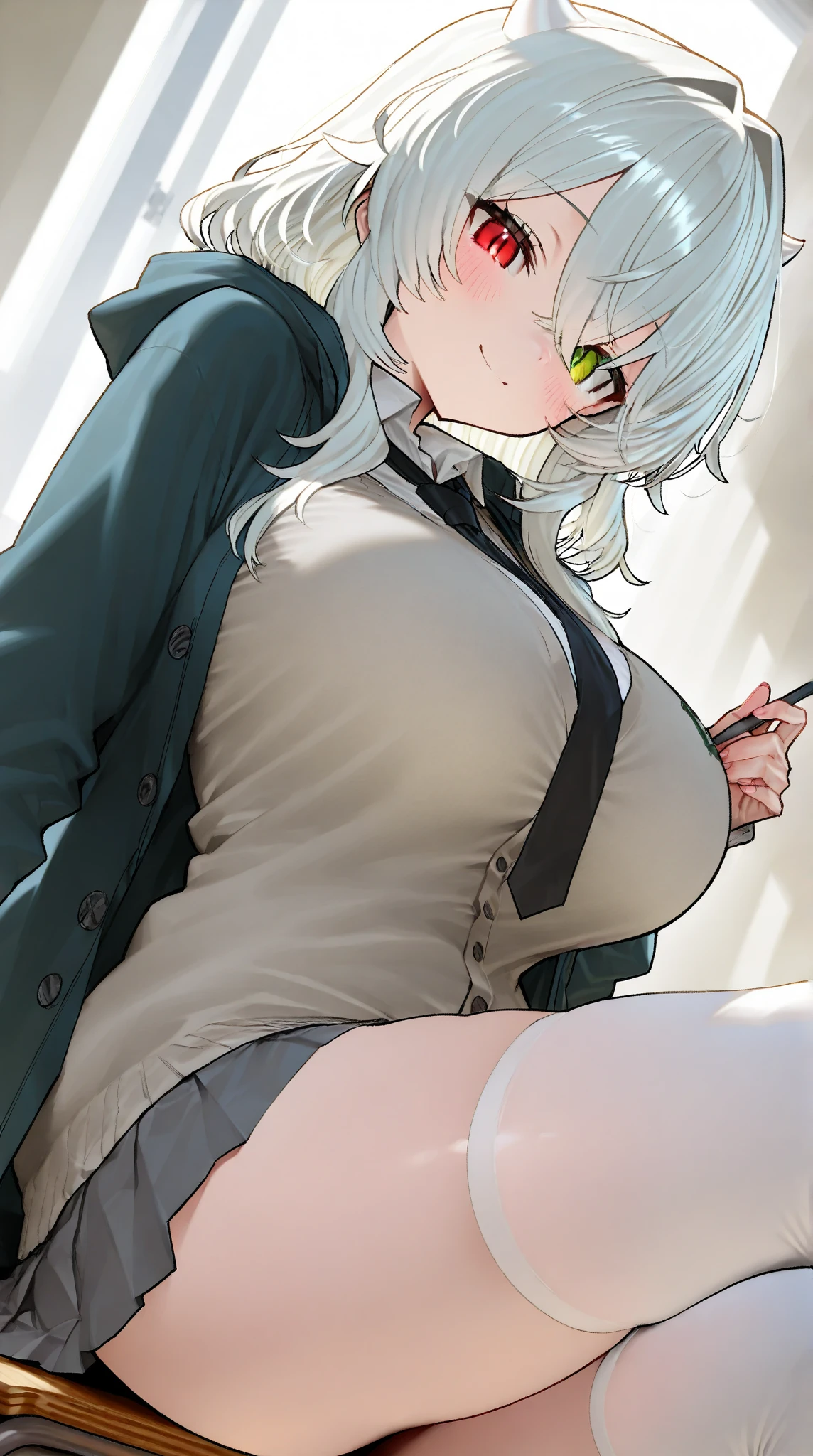 Girl, short white hair, beautiful green eyes, big breasts, short skirt, 👀🤯