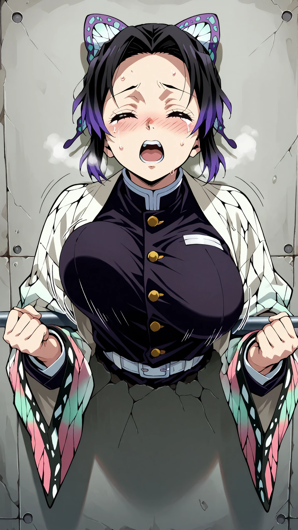score_9, score_8_up, score_7_up, score_6_up, score_5_up, score_4_up,source_anime, 1girl, solo, (shinobu kochou, animal print, black hair, butterfly, butterfly hair ornament, butterfly print, forehead, gradient hair, hair ornament, haori, multicolored hair, parted bangs, purple hair, short hair, two-tone hair, demon slayer uniform, haori, japanese clothes, uniform,), large breast, (bouncing breasts:1.3), nose blush, twitching, troubled eyebrows, (((arched back, wriggle herself), (open mouth ecstasy, intense orgasm), crying, closed eyes,, heavy breath, sweat, through wall, stationary restraints, (upper body:1.3), restrained, stuck, (movement lines:1.2), (impact lines:0.8), (extremely moaning:1.2), front view
