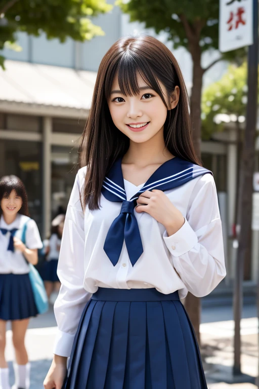 high school girl、very cute、Severe、smile、Sailor suit、Sit at a desk