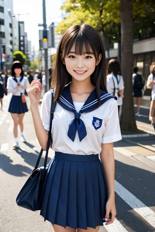 very cute and beautiful girl,(highly detailed beautiful face),(smile:1.2),blush,happy,looking at viewer, black hair,serafuku,(pleated navyblue mini skirt),standing,holding school bag, town street,front of brick wall,pink building, (best quality,masterpiece),absurdres,highres,ultra-detailed,extremely detailed,32k,8k resolution, intricate details,cinematic scene,detailed background,solo,dynamic angle,