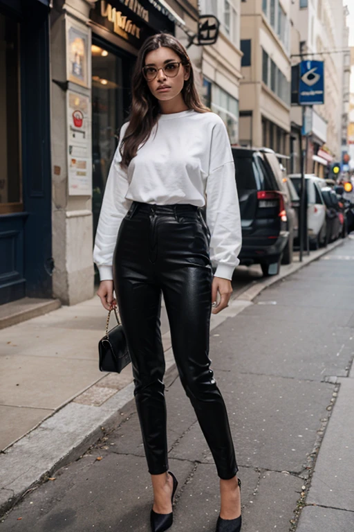 Gants en cuir noir avec cinq doigts dans les deux mains, Jupe moulante en cuir noir, white sexy top, Bottes longues en cuir noir, debout en mouvement, les deux mains de gants de cuir alignées sur ses genoux, milf aux cheveux attachés