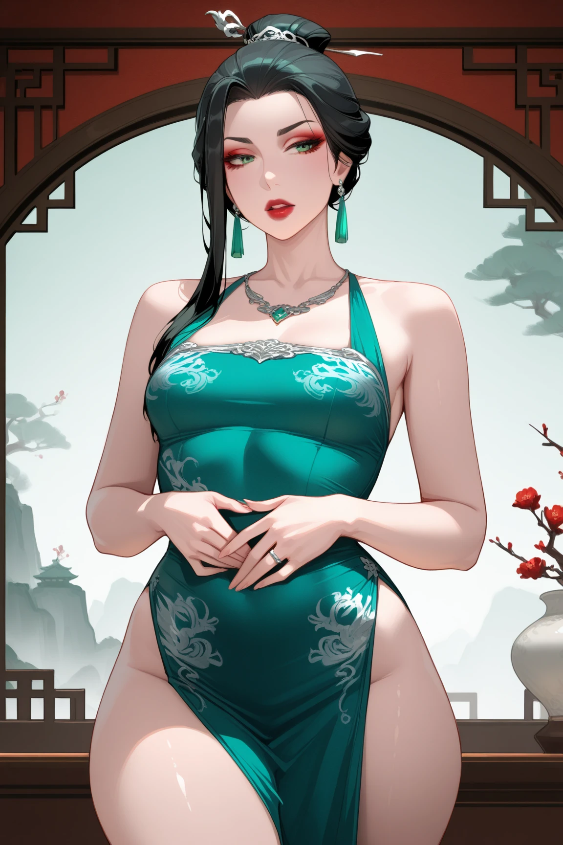 8K, masterpiece, best quality, 2D, (Traditional Chinese ink painting:0.2), (1 Classic Beauty), Square face,(Perfect hands:1.4),(Extremely delicate face and skin), Beautiful face, Perfectly proportioned face,(Huge breasts: 1.2), ,Dancing in a short silk dress,Leaking out of long legs,A royal banquet in the background