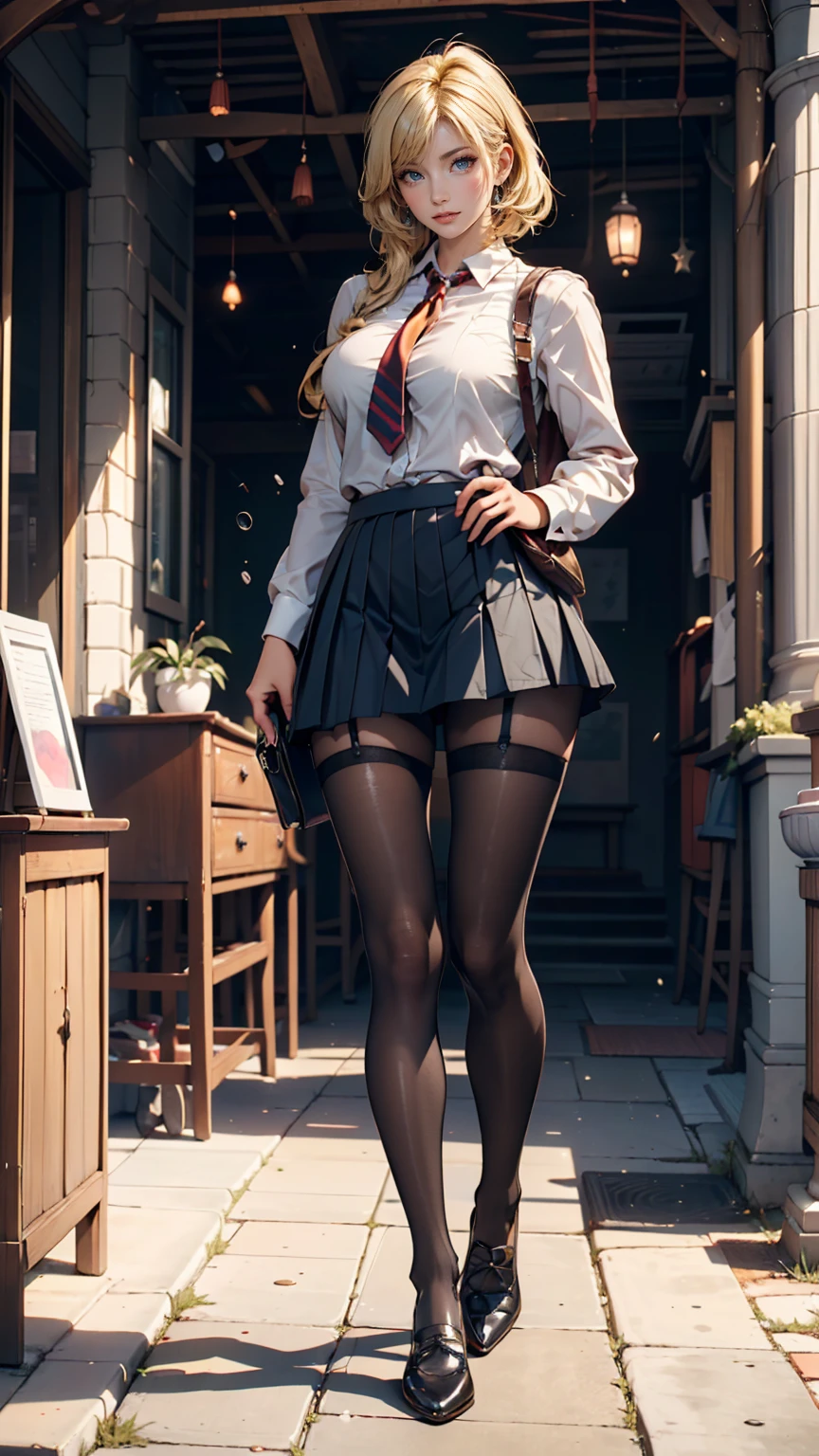 Show entire body, feet in view, Zendaya, curly hair, wearing American , short plaid skirt, sheer-to-waist black pantyhose, perky nipples, huge tits, exposed cleavage, canvas shoes, cameltoe, standing, smiling