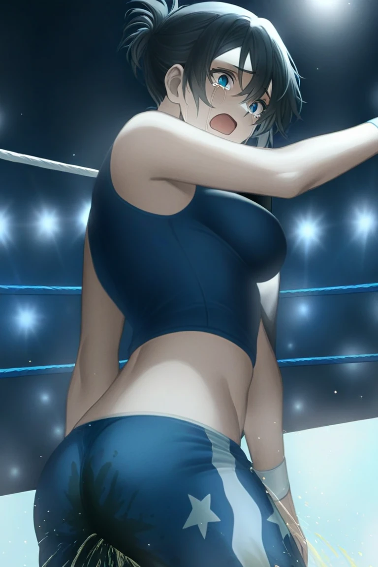 ​masterpiece, hightquality, 8K, beautiful lighting, 1girl in, 独奏, Akane, (one length bob:1.3),(darkblue hair:1.3), cowboy shot, looking at the viewers, ,Big breasts emphasis、Naughty thighs、shiny oily skin with high contrast,Too large breasts, huge long breasts, Naughty big,、Bursting chest、huge-breasted、pointed breast、red blush、(Trembling girl ),(Ahegao),Closed mouth, (Blue stripes々Panties:1.3)、(Fully exposed panties:1.5)、(Bra is fully exposed:1.5),(Blue stripes々bra:1.3),dressing room,Super high quality, 8K, masterpiece, official anime drawing, detailed face, detailed body, detailed breasts, perfect finished drawing, girl, (cleavage) (very huge breasts: 1. 6) (big butt) Big thighs, (lotion) (shiny body) (swollen nipples: 1.1) (red cheeks) (embarrassed expression: 1. 1) (Turn your face away: 1.1) (wet skin and hair: 1.5), (light skin), (sweating) ,(beautiful scenery),(perfect face), masterpiece, blush, 1girl , solo, (disgruntled expression:1.2), smooth anime cg ar、(Big breasts 1.7) with large breasts and a huge ass ,mom body,((very lerge breast))) short cut hair, ((((underboob))))++++, , ((Highkick)) ++, ((Highkick)), , (A dark-haired),、（ (Super shiny hair and skin), (Sunlight), ((Beautiful) ), (Huge breasts_Body: 1.5), (Huge breasts: 1.5), Sweaty body, cleavage, (t-back :1.8))(very huge breasts: 1. 6)(very huge breasts: 1. 6)(very huge breasts: 1. 6)'(In the boxing ring:1.6)) , smiling, detailed hands(white panty:1.8))((peace sign:1.3))(having sex:1.4) (Thigh tights: 1.3),((pink hair) ,lipstick,makeup,pose,((audience:1.6))