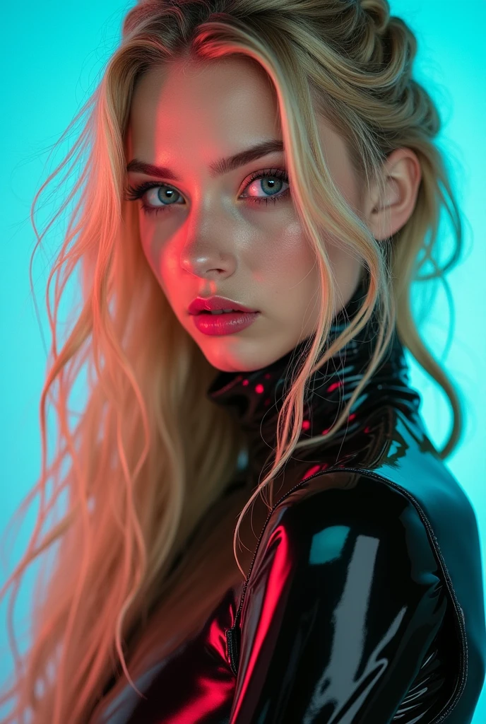 Fashionable of androgynous alien looking witch wearing veil, glowing eyes, beautiful evil slavic muscular woman, pale skin, long light brown gold hair, futuristic design, minimal details, givenchy, photoreal, 200mm, hd, f/ 2.0, highly detailed, surreal , drop dead, in the style of red and blue, (intricate details, hyperdetailed:1.15) (skin texture:1.2), cinematic, professional, 4k, (((dynamic model pose))), sitting, full body