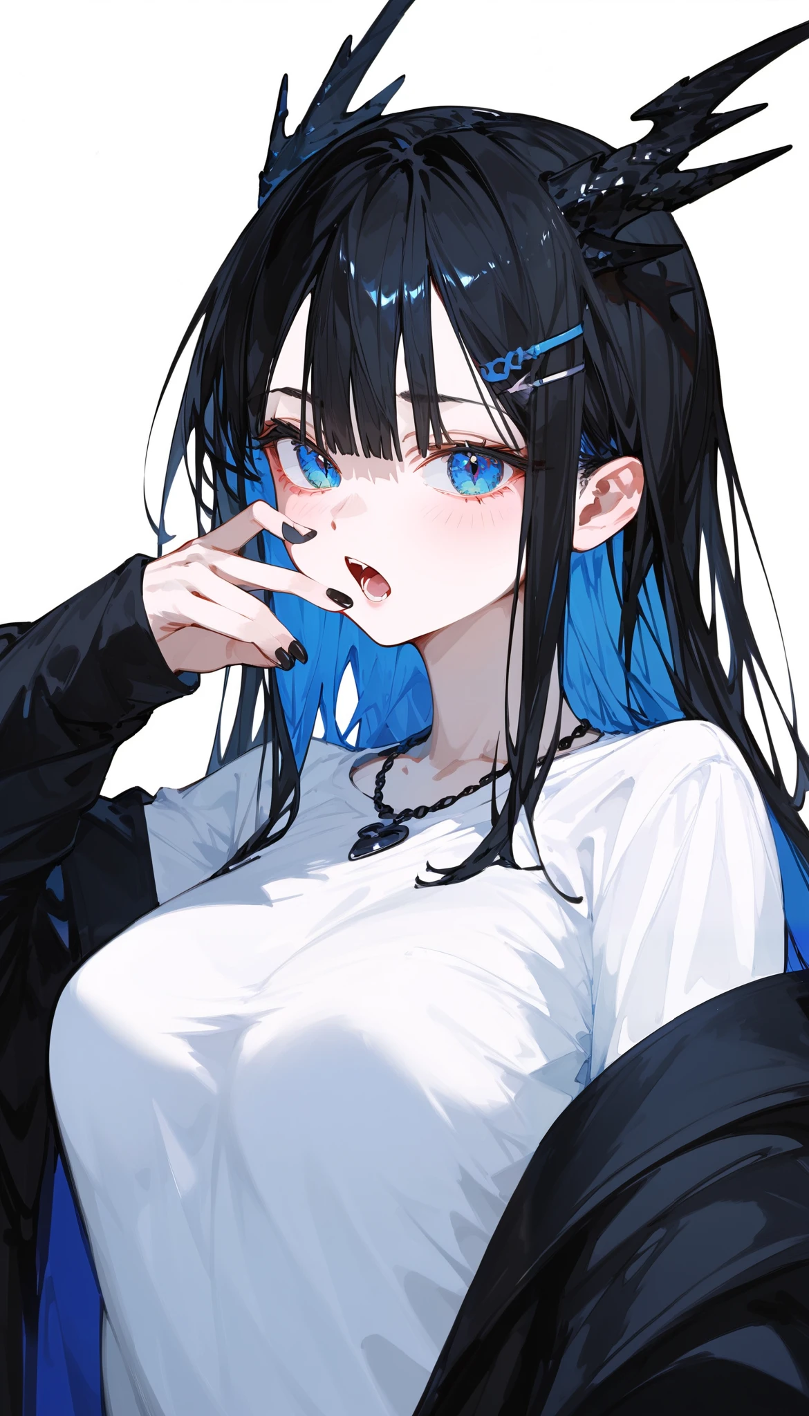 Dragon Girl, ผมสีดำ,long hair, Multicolored eyes, blue eyes,,Wear a black necklace., , White Shirt , Black Long Sleeve Top,stand, Hair Clip xx ,Open your mouth,canine,in the naked eye,Dragon Hill,medium breasts,,Make a threatening hand ,ผมสีดำ, black hair ,Bitter