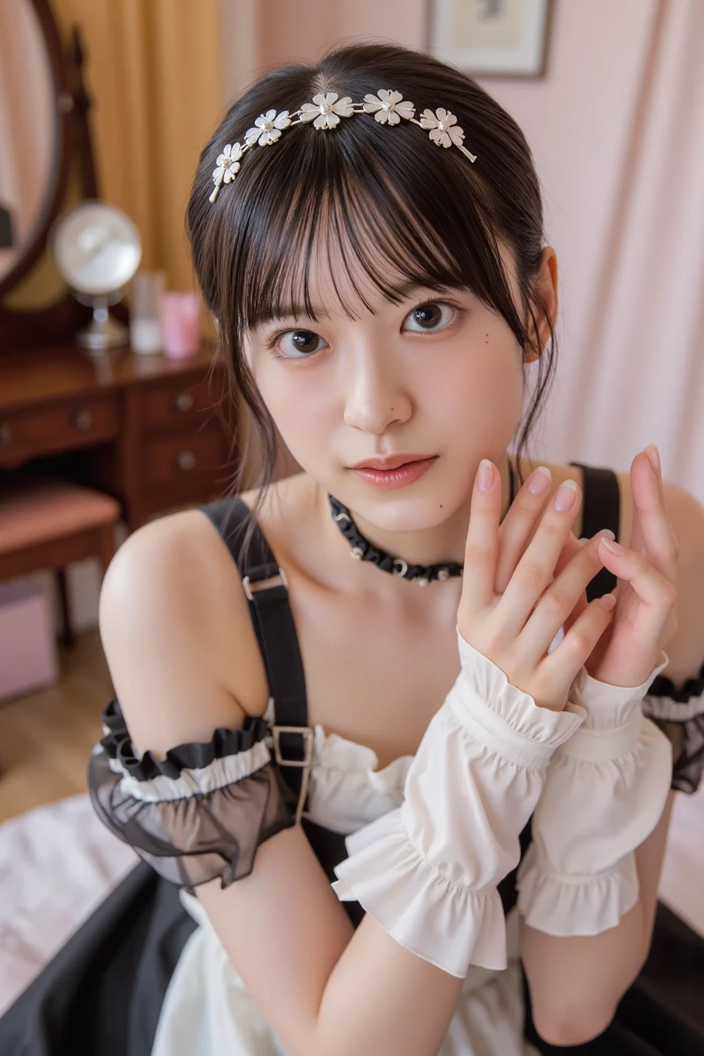 Tabletop, Highest quality, shape, Very detailed, In detail, High resolution, 8k wallpaper, Perfect dynamic composition, Beautiful details, Natural Lip, Gothic Maid, Black choker, Black gloves, Small breasts, ランダムにcuteポーズ,RAW Photos,KPOP idol faces,cute,Face close-up,BREAK ceremony,((Random sexy poses、put in、Deep joy, Ecstatic Eyes:1.2)), ((I gasp hard:1.2))、Ecstatic face、Climax expression、My whole body is convulsing、Official Art,Very detailed CG Unity 8k 壁紙, (masterpiece:1.0),(Highest quality:1.0), photo shoot, 8k, Browsing Caution, High resolution, Kodak Portrait 400, Film Grain, Lens flare brilliance,Very low camera angle, View your audience