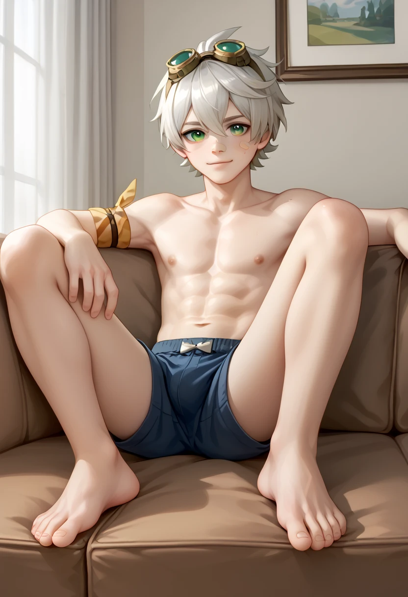 source_anime,score_9,score_8_up, score_7_up, 1boy,solo,outdoors, apex legends, wattson, face closeup, face focus , couch, indoors, seductive, face closeup, ((closed mouth)), smirk, thighs, long shot, balcony, mountain and riverbackground, fancy, white couch, laying, leaning, front view, exposed penis, shorts with rope outline, white robe, genderswap, genderbend, bulge, genderbend ftm, ftm, short hair, femboy, Japanese rope underwear, shota, young, very young, aged down, lole, tiny, night time, smug, smirk, night, after dark, cannopy curtain, curtain, fancy cannopy curtian, medium penis, messy hair