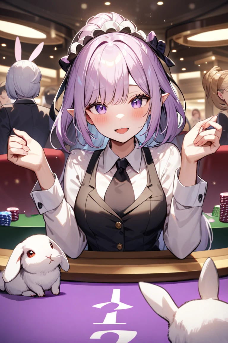NSFW,masterpiece,Highest quality,High resolution,Very detailed,white\(no game No life\),Small breasts,ponytail,Bunny ears,Playboy Bunny,casino,Dissatisfied face,blush,(Blowjob)
