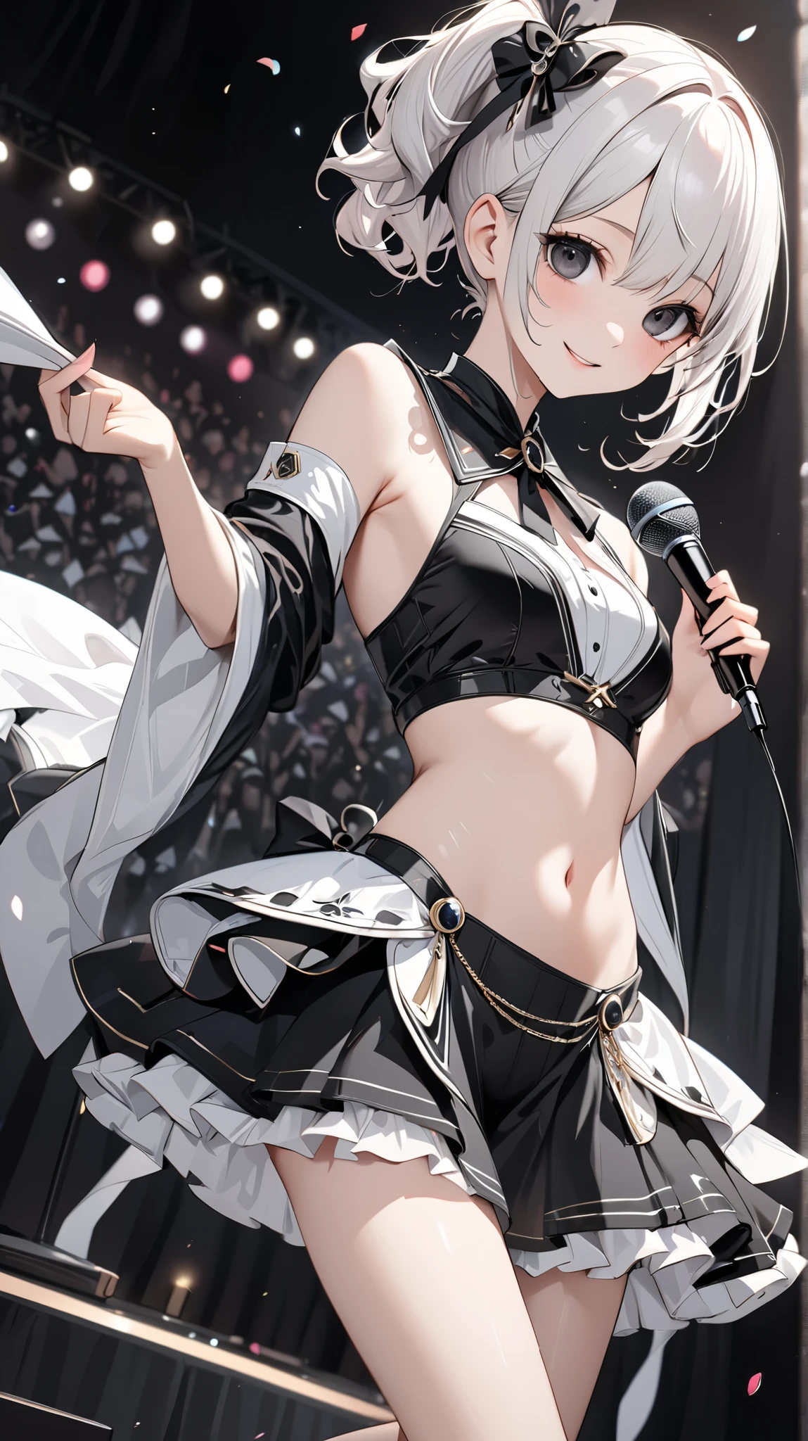 Silver Hair、Blue Eyes、girl、Small breasts、Twin tails、girl、Small breasts、Lolita、Bright smile、Looks about 15 years old、Petan Musume、He is short、目のhighlight、Sexy thighs、Idol、Sing with a microphone、Mine-based costumes、Your eyes are so beautiful、highlight